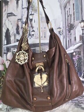 Auth Vintage Juicy Couture Brown Leather Shoulder Hobo with Gold Hardware Charm